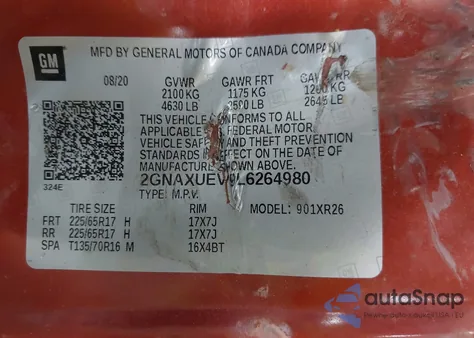 2020 Chevrolet Equinox Awd Lt 1.5L Turbo из США, поврежденный, VIN 2GNAXUEV9L6264980